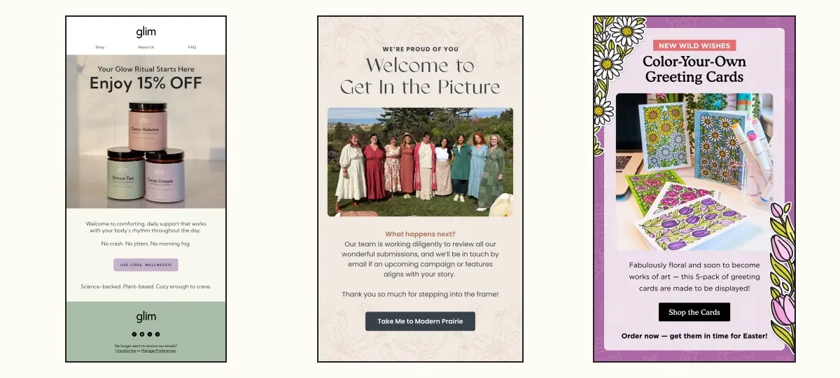 Email designs for Glim Wellness, Modern Prairie, and A Brighter Year