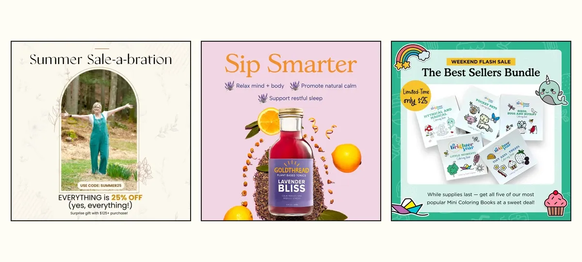 Paid ad creative for Modern Prairie, Goldthread Tonics, and A Brighter Year
